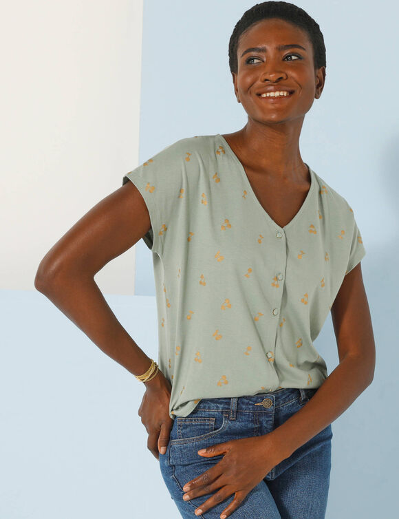 T-shirt col V boutonné imprimé cerises dorées (vert / doré)