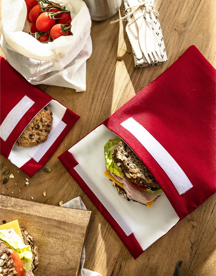 Pochettes alimentaires en tissu pour club sandwich et encas - collection upcycling (rouge) Pochettes alimentaires en tissu pour club sandwich et encas - collection upcycling (rouge)