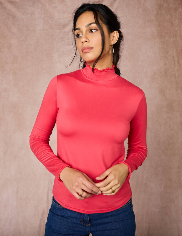 Sous-pull à col montant frisotté, uni (rose)