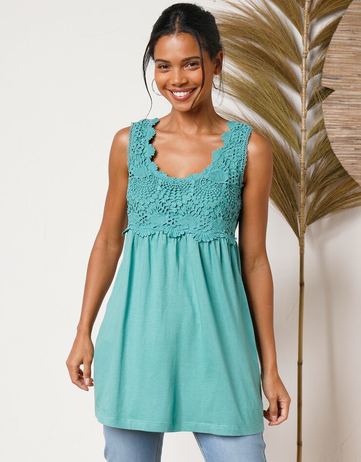 Tunique plastron macramé (vert grisé) Tunique plastron macramé (vert grisé)