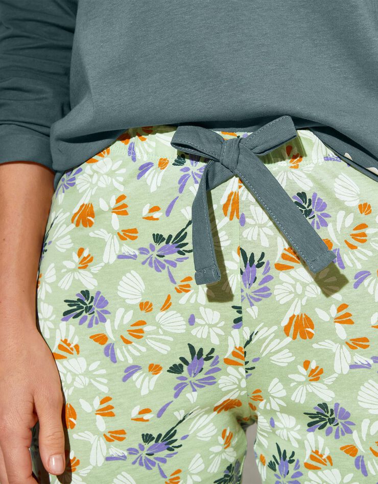 Pantalon pyjama coton imprimé "pétales" (vert / écru)