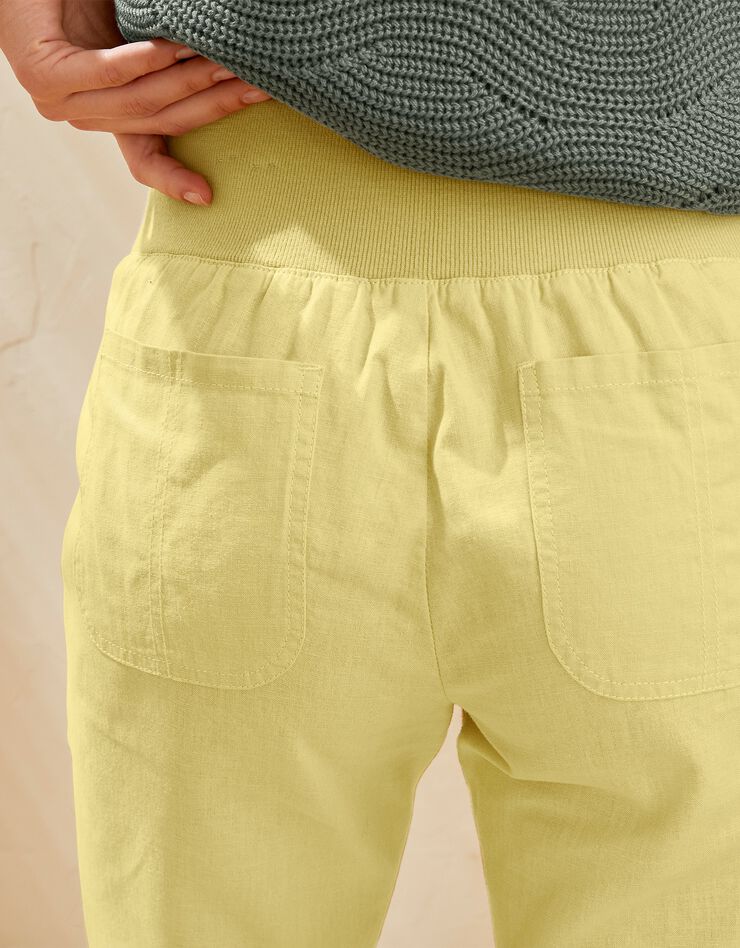 Pantalon coupe droite 7/8ème taille élastiquée, lin coton (anis)