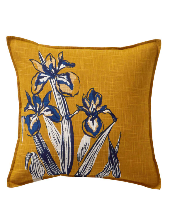 Coussin imprimé iris (caramel / marine)