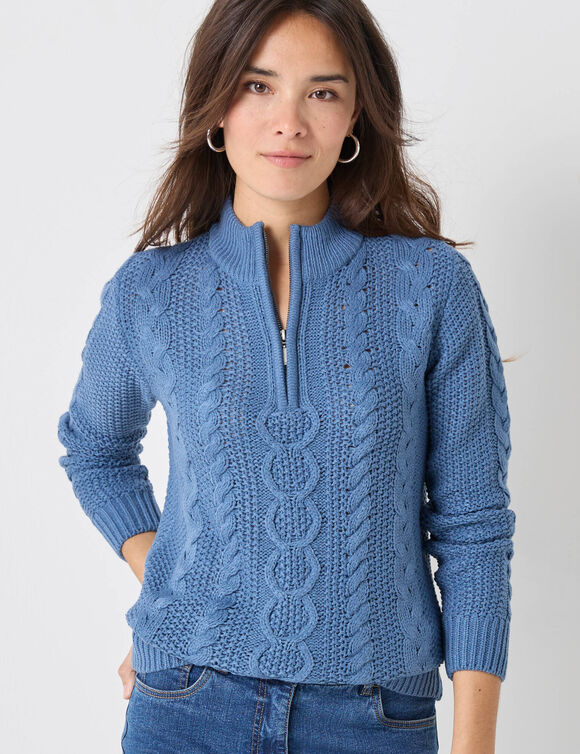 Pull col montant zippé, maille torsadée (bleu jean)