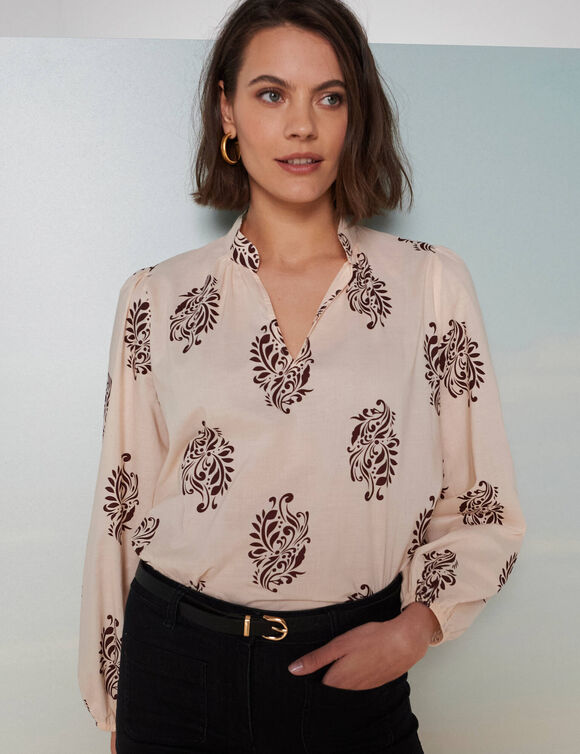 Blouse imprimée col montant, manches blousantes (beige / chocolat)