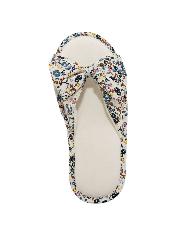 Mules plates &agrave; noeud bout ouvert imprim&eacute;es fleurs (bleu)