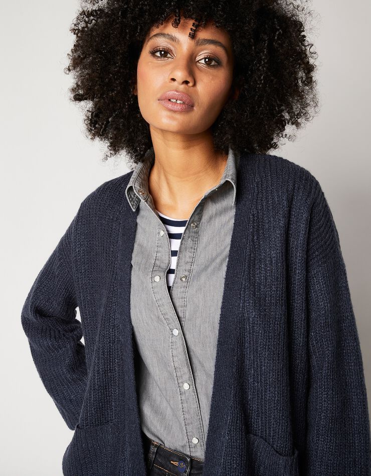 Gilet long porter ouvert, maille anglaise toucher mohair (marine)