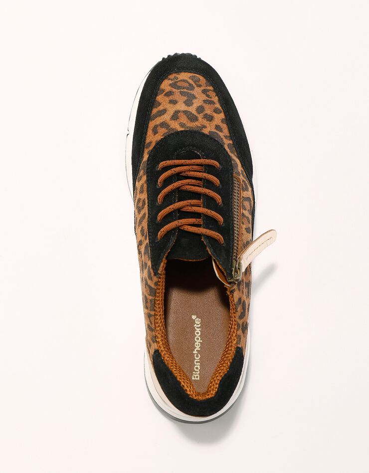 Baskets style running zippées en cuir bimatière - imprimé léopard (marron / noir) Baskets style running zippées en cuir bimatière - imprimé léopard (marron / noir)