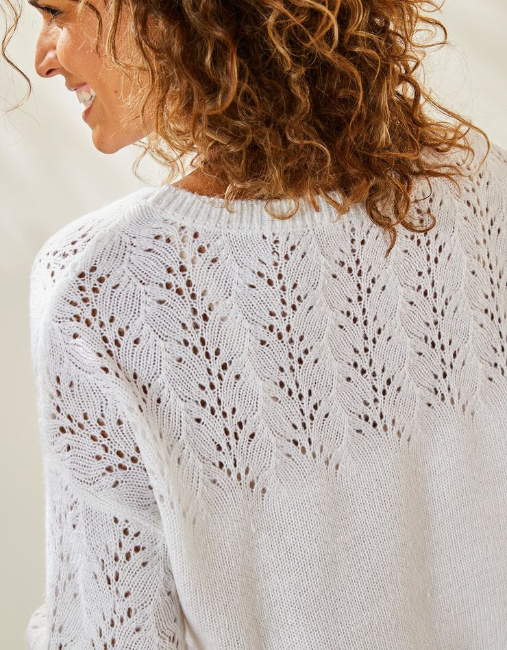 Pull manches longues blousantes, maille ajourée toucher mohair (blanc) Pull manches longues blousantes, maille ajourée toucher mohair (blanc)
