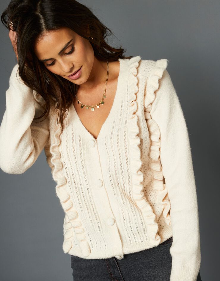 Gilet volanté maille ajourée (beige rosé) Gilet volanté maille ajourée (beige rosé)
