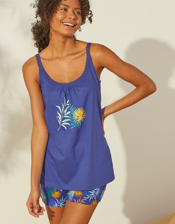 Top de pyjama en coton et macramé - uni tropical (bleu)