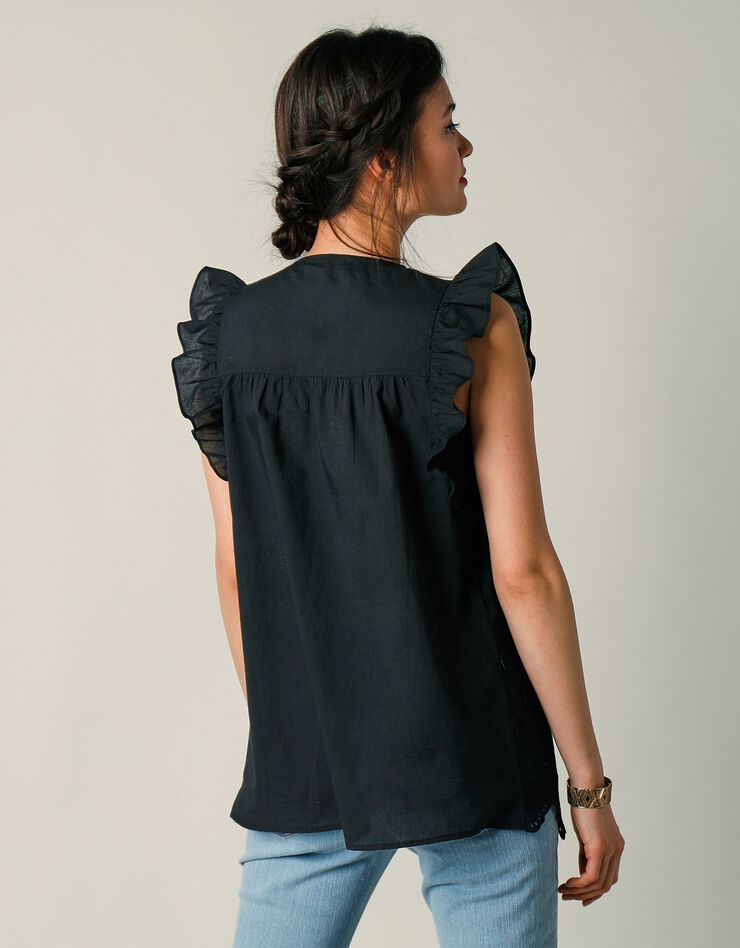 Blouse col V boutonnée unie, broderie anglaise (noir) Blouse col V boutonnée unie, broderie anglaise (noir)