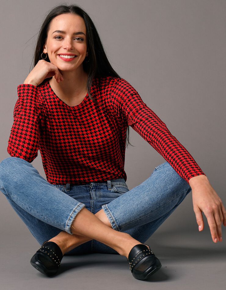 Tee-shirt col rond imprimé pied-de-poule, stretch (noir / rouge) Tee-shirt col rond imprimé pied-de-poule, stretch (noir / rouge)