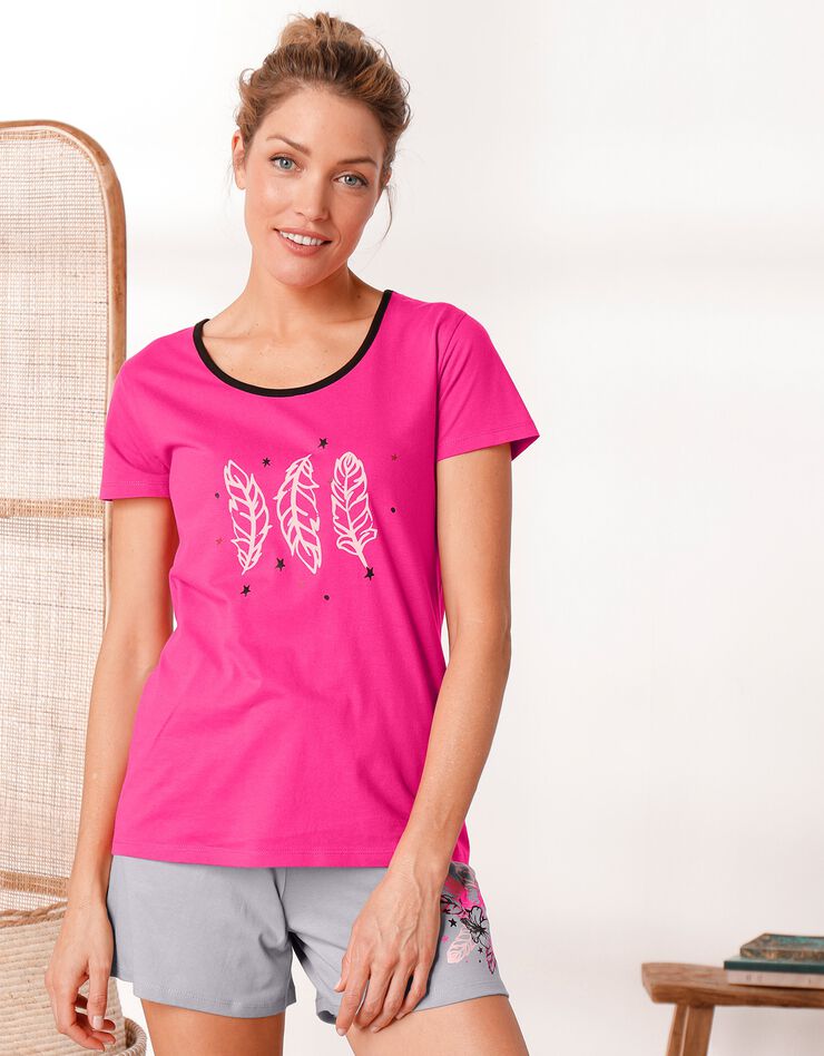 Tee-shirt pyjama manches courtes imprimé "plumes" (fuchsia) Tee-shirt pyjama manches courtes imprimé "plumes" (fuchsia)