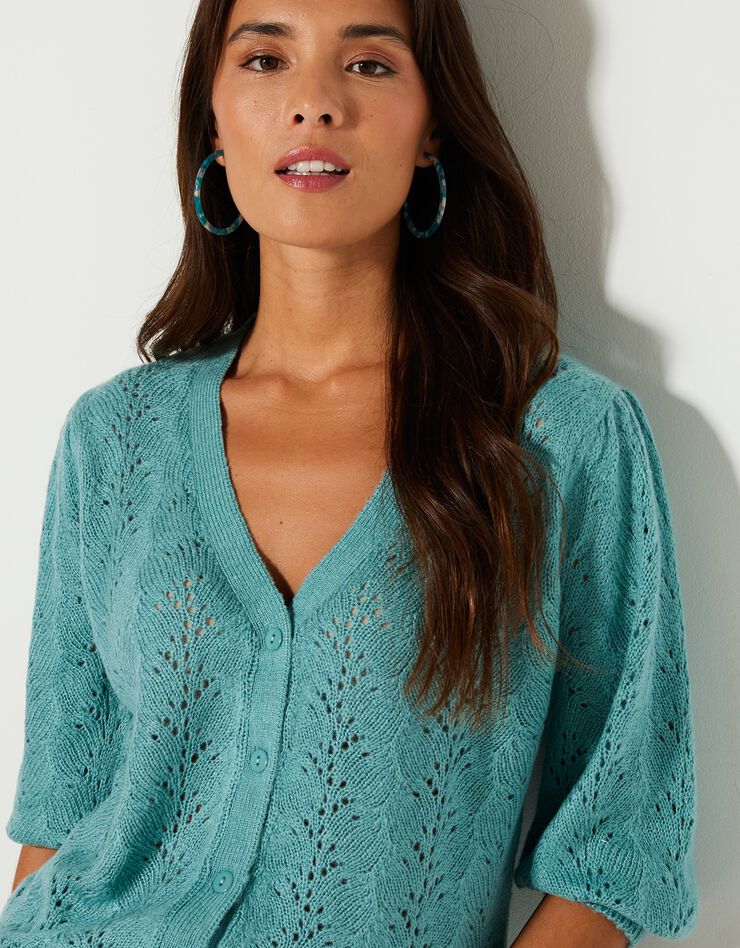 Gilet col V, maille ajourée toucher mohair (vert grisé) Gilet col V, maille ajourée toucher mohair (vert grisé)