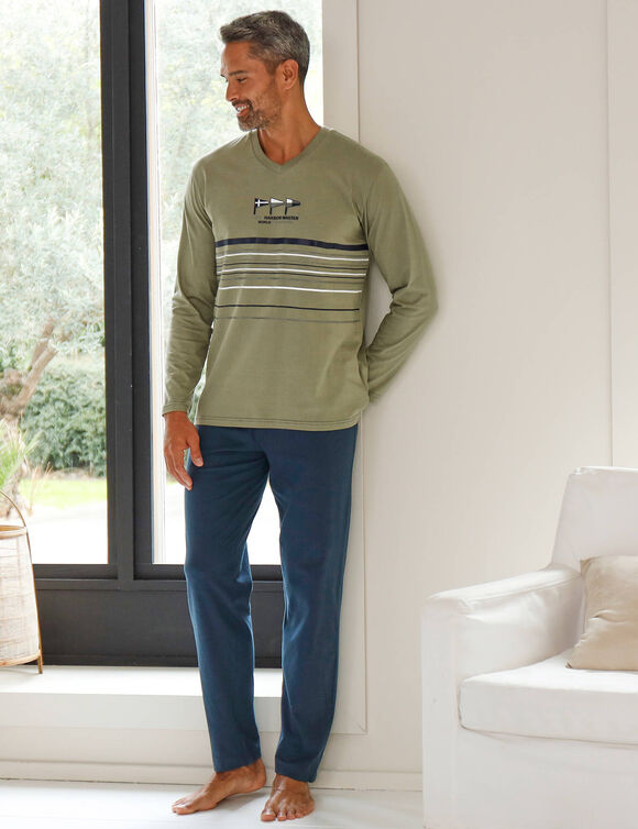 Pyjama long col V manches longues coton adouci (tilleul / marine)