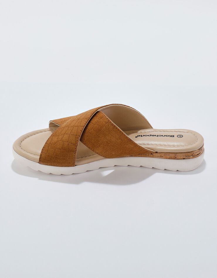 Mules compensées cuir effet croco avec liège fantaisie (caramel)