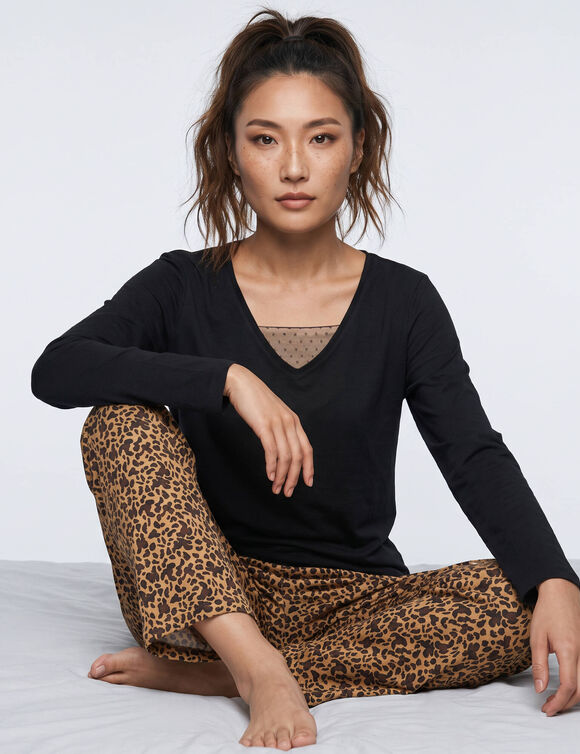 Pyjama pantalon &agrave; d&eacute;tails plumetis - imprim&eacute; l&eacute;opard (caramel / noir)