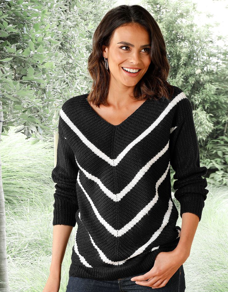 Pull col V rayé, maille anglaise toucher mohair (noir / blanc) Pull col V rayé, maille anglaise toucher mohair (noir / blanc)