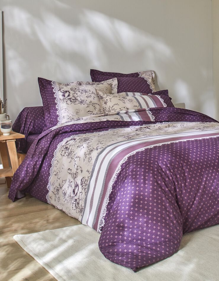 Linge de lit Gabrielle en flanelle imprimé fleurs et dentelle (prune)
