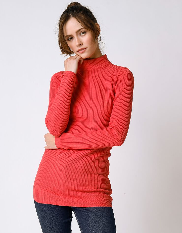 Pull col montant long, maille côtelée (corail foncé) Pull col montant long, maille côtelée (corail foncé)