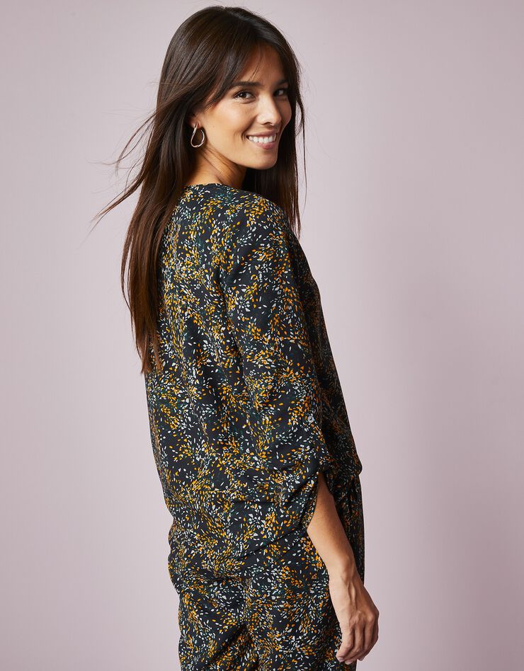Blouse imprimée détails brillants, crêpe (noir / kaki) Blouse imprimée détails brillants, crêpe (noir / kaki)