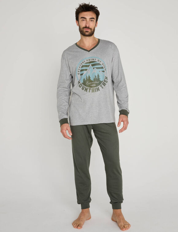 Pyjama pantalon jersey, col V contrast&eacute; (kaki / gris chin&eacute;)