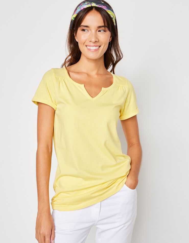 Tee-shirt col tunisien uni coton (jaune pâle)
