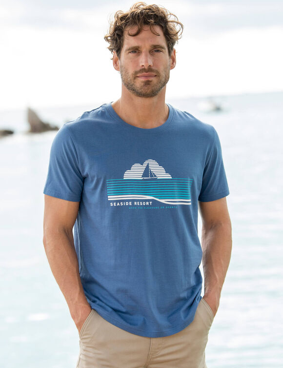 T-shirt col rond motif placé manches courtes (bleu)