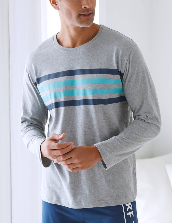 Tee-shirt pyjama manches longues rayures  (gris / aqua)