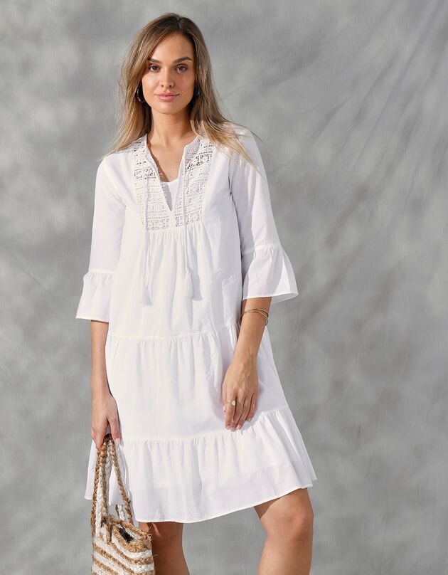 Robe courte voile de coton, macramé ajouré (blanc)