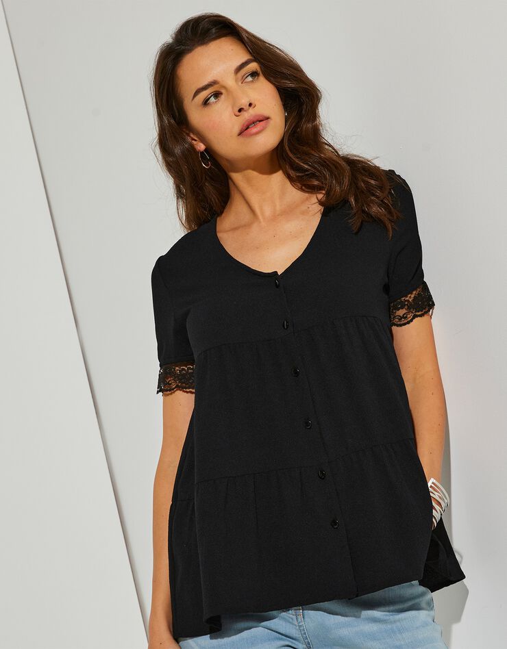 Blouse boutonnée volantée unie (noir) Blouse boutonnée volantée unie (noir)