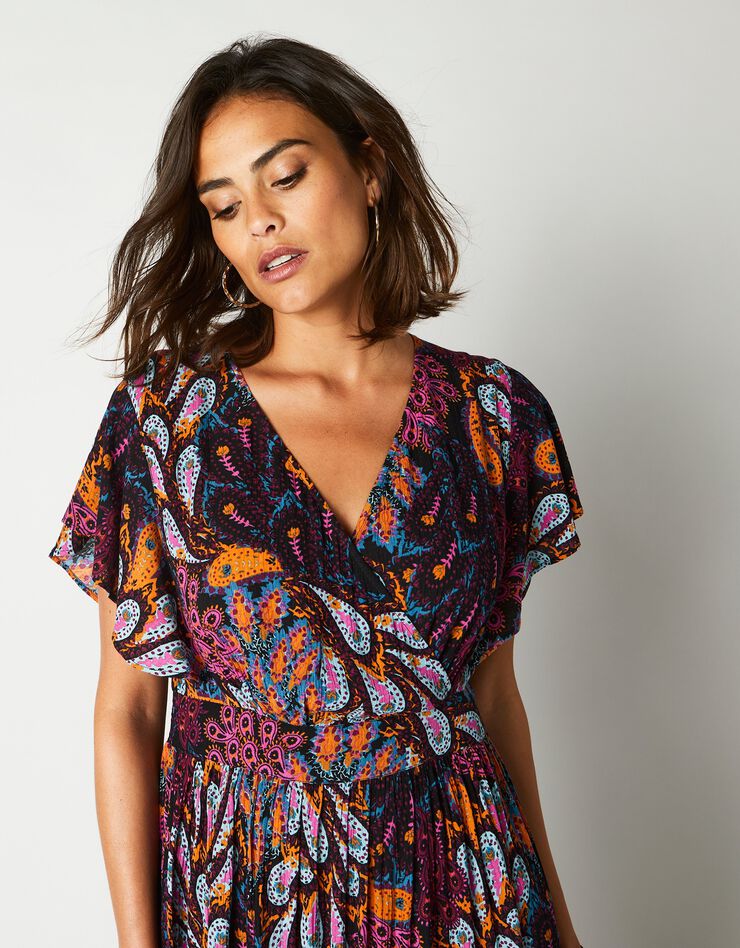 Robe volantée cache-coeur imprimée, crépon (noir / bleu)