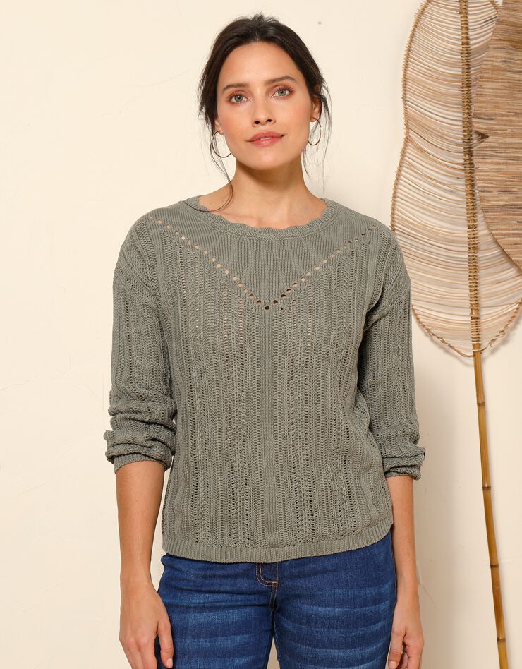 Pull col festonné, maille ajourée fantaisie (kaki) Pull col festonné, maille ajourée fantaisie (kaki)
