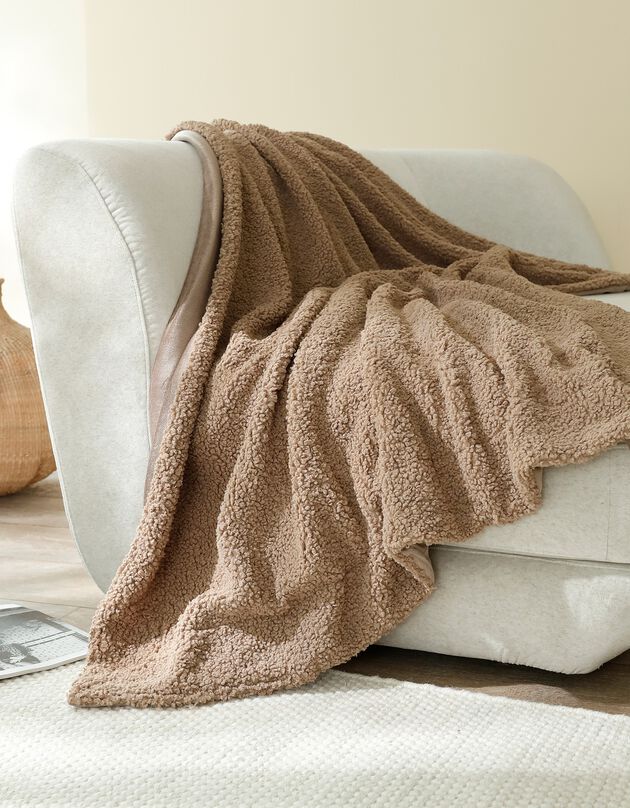 Plaid bouclette sherpa moutonnée - réversible polaire (taupe)
