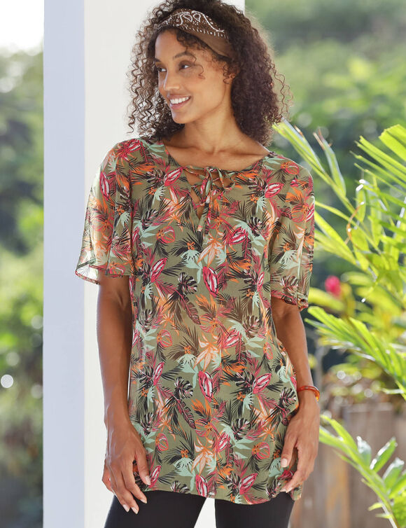 Tunique voile imprimée (kaki / rose)