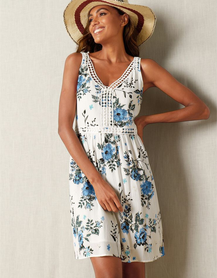 Robe imprimé fleuri et macramé (écru / bleu)