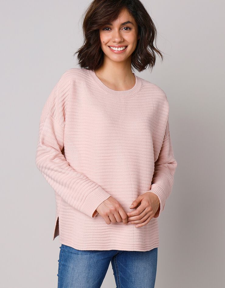 Pull loose maille fantaisie effet rayures (rose poudré)