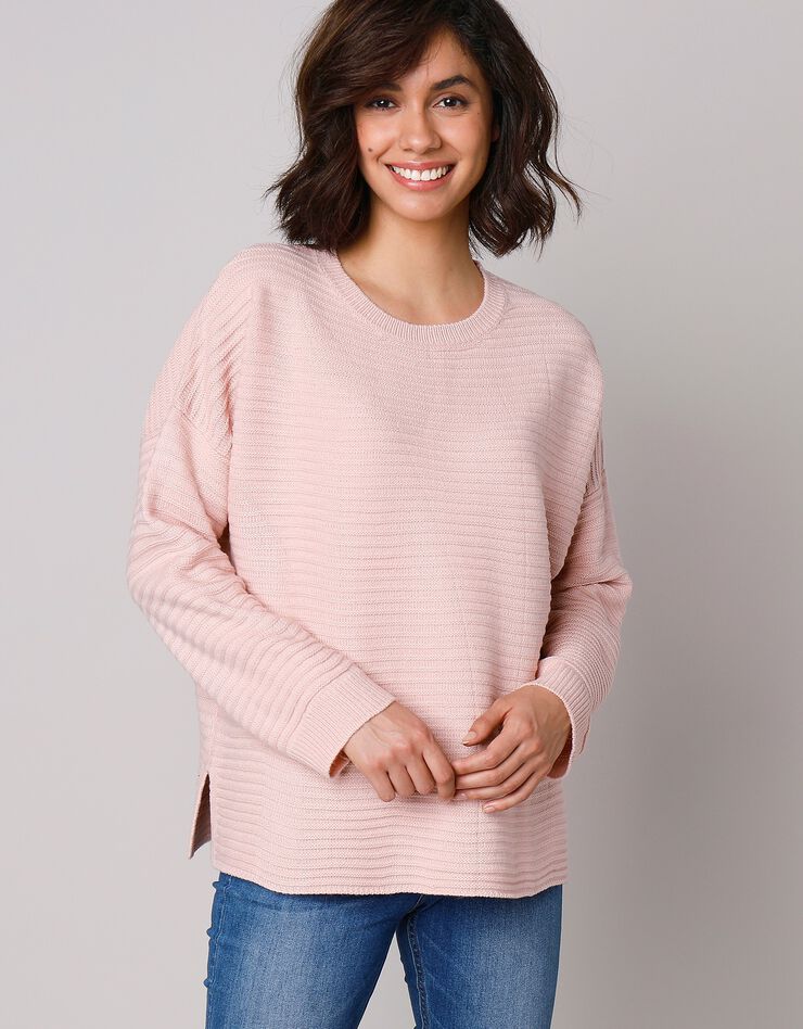 Pull loose maille fantaisie effet rayures (rose poudré) Pull loose maille fantaisie effet rayures (rose poudré)