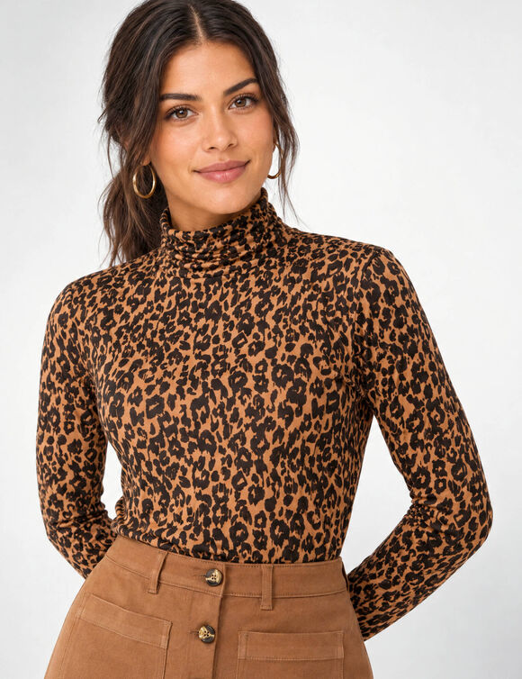 Sous-pull col roul&eacute; imprim&eacute; peau de b&ecirc;te, stretch (caramel / noir)