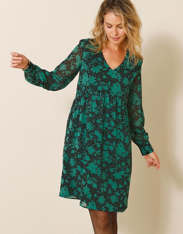 Robe voile Georgette imprimé végétal stylisé (noir / vert)