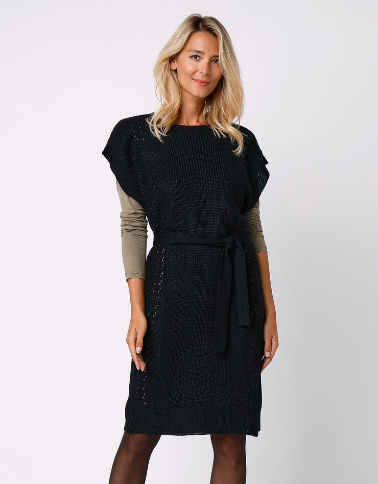 Robe manches courtes ceinturée - toucher mohair (noir)