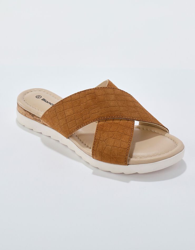 Mules compensées cuir effet croco avec liège fantaisie (caramel) Mules compensées cuir effet croco avec liège fantaisie (caramel)
