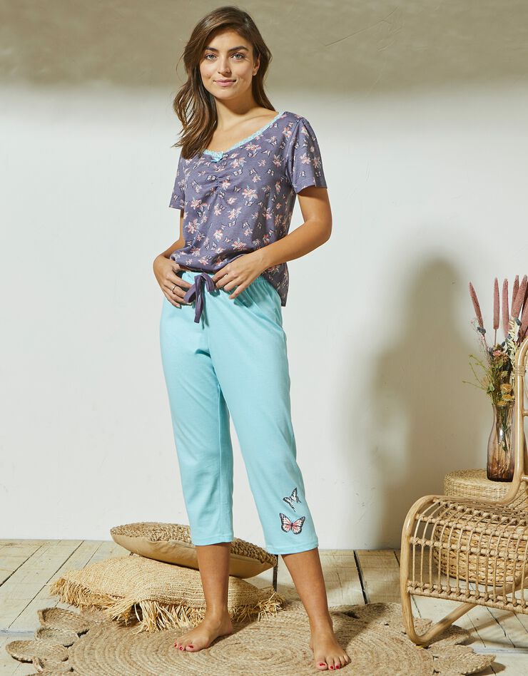 Pantacourt pyjama imprimé placé papillons (turquoise grisé)