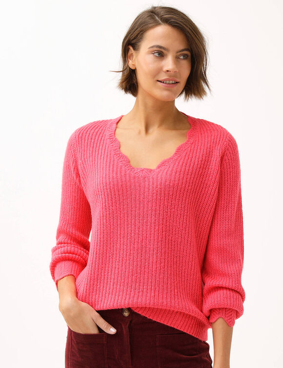 Pull col V, maille anglaise (rose)