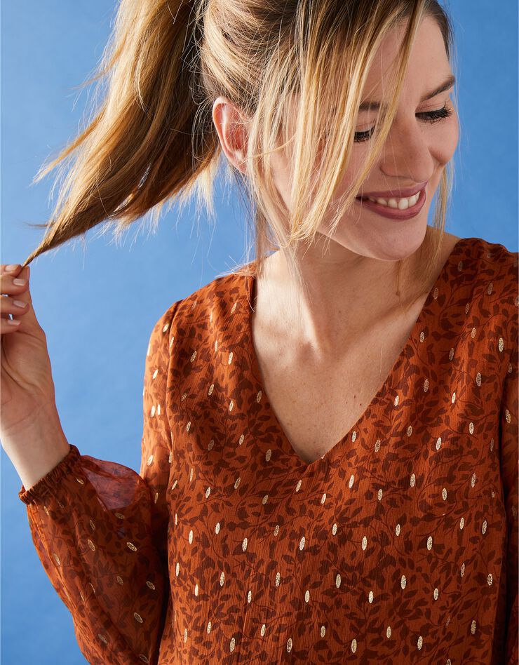 Robe évasée voile imprimé doré (caramel)