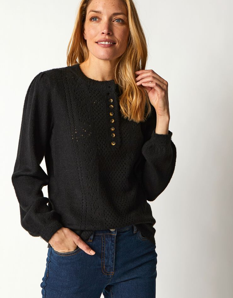 Pull ajouré col tunisien boutonné (noir) Pull ajouré col tunisien boutonné (noir)