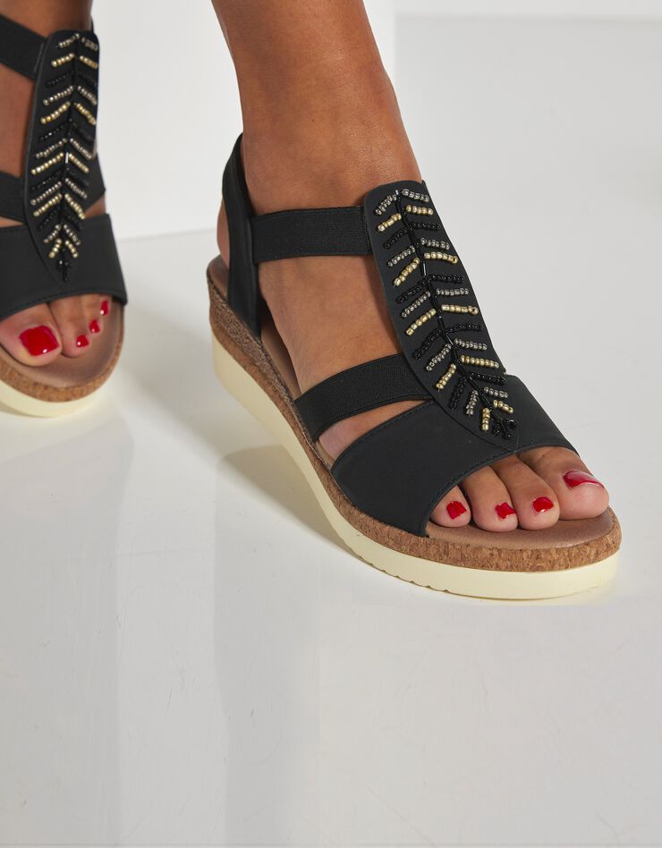 Sandales compensées à feuille perlée, talon fantaisie tri-matière (noir) Sandales compensées à feuille perlée, talon fantaisie tri-matière (noir)