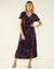 Robe longue imprimée col V, crépon (noir / prune)