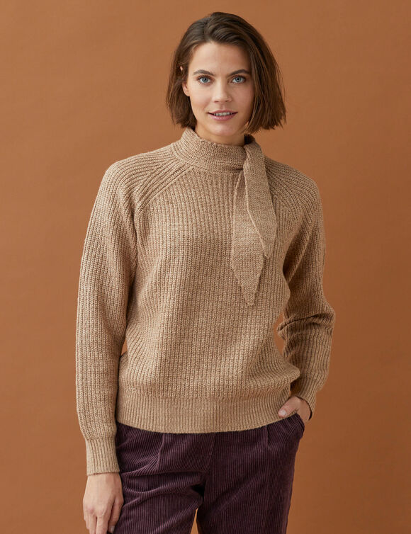 Pull blousant col montant avec noeud, maille anglaise (taupe chin&eacute;)